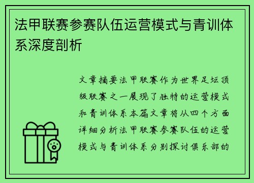 法甲联赛参赛队伍运营模式与青训体系深度剖析